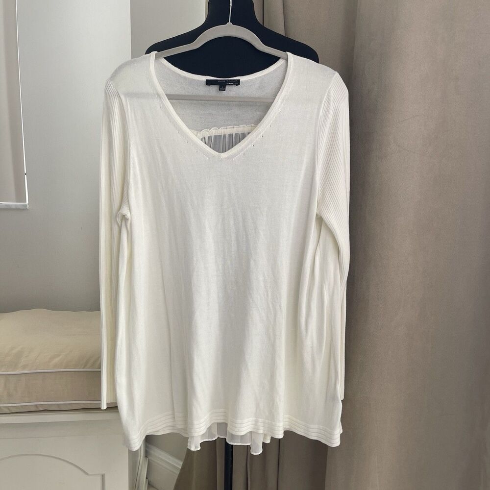 Elie Tahari cream V Neck Knit Hi Low sweater Tunic Sheer pleated back L - Picture 2 of 10